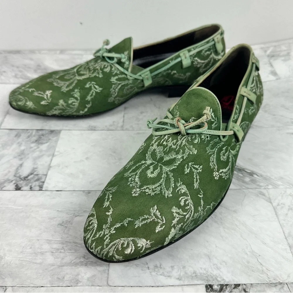Jo Ghost Green Suede Embroidered Loafers Italy Slip On Sz 42 US 9 - Picture 2 of 14